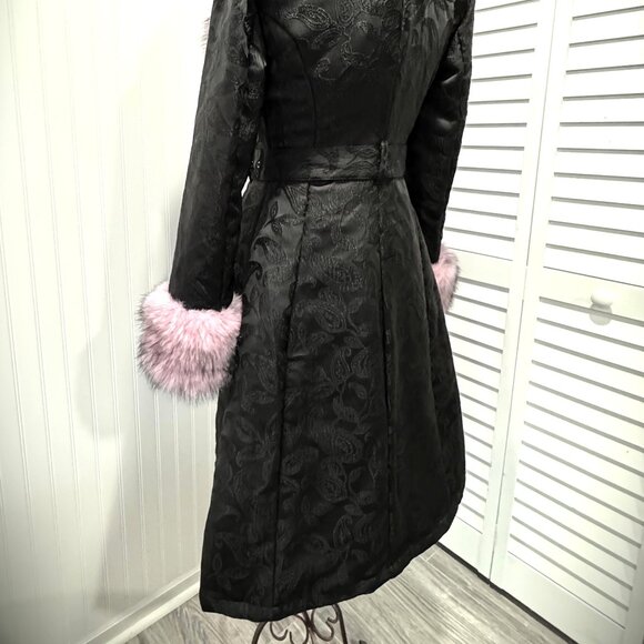 Sugar Thrillz Black & Pink Brocade Faux Fur A-Line Trench Coat - Picture 10 of 10